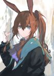  1girl \m/ amiya_(arknights) animal_ears arknights black_coat blue_eyes blue_neckwear blurry blurry_background brown_hair closed_mouth coat commentary cravat english_commentary expressionless eyebrows_visible_through_hair eyelashes hair_between_eyes highres hooded_coat jewelry long_hair looking_at_viewer mm30212 multiple_rings open_clothes open_coat ponytail rabbit_ears ring sidelocks solo upper_body 