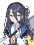  1girl absurdres arisu_(blue_archive) blue_archive blue_eyes dark_blue_hair expressionless hair_between_eyes hair_ornament hands_clasped headband highres jacket klaius long_hair looking_at_viewer necktie own_hands_together school_uniform simple_background solo white_background 