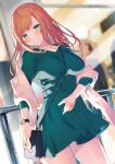  1girl :3 bag bangs blurry blurry_background blush breasts closed_mouth commentary_request dress duplicate dutch_angle eyebrows_visible_through_hair green_dress green_eyes handbag highres itohana large_breasts long_hair looking_at_viewer off_shoulder orange_hair original railing thighs watch 