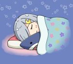  1girl blue_background closed_eyes commentary_request floral_print hair_ornament hair_over_one_eye hairclip hamakaze_(kancolle) hamatsu! kantai_collection lying on_side pillow short_hair silver_hair sleeping smile solo stuffed_animal stuffed_shark stuffed_toy 