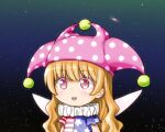  1girl :d bangs blonde_hair blue_dress clownpiece dress eyebrows_visible_through_hair fairy_wings hat jester_cap long_hair neck_ruff nibi open_mouth pink_headwear polka_dot polka_dot_headwear print_dress red_eyes short_sleeves smile solo space star_(sky) star_(symbol) star_print striped striped_dress touhou upper_body wavy_hair white_wings wings 