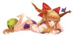  1girl alice_tam ass bangs bare_shoulders barefoot bikini bow bow_swimsuit breasts fang food fruit highres horn_bow horns ibuki_suika long_hair looking_at_viewer lying on_stomach open_mouth orange_eyes orange_hair pointy_ears purple_bow purple_swimsuit red_bow sidelocks simple_background small_breasts smile swimsuit the_pose touhou very_long_hair watermelon white_background wristband 