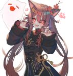  1girl :d animal_ears bangs blush brown_hair chinese_clothes claw_pose cowboy_shot eyebrows_visible_through_hair fang flower flower-shaped_pupils fox_ears genshin_impact ghost hair_between_eyes hair_flower hair_ornament hanato_(seonoaiko) highres hu_tao kemonomimi_mode long_sleeves looking_at_viewer nail_polish no_headwear open_mouth red_eyes red_flower red_nails simple_background sketch smile solo tassel thumb_ring white_background 