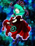  1girl :d arm_ribbon bangs black_footwear blue_background commentary_request dress front_ponytail full_body green_background green_eyes green_hair hair_ribbon highres kagiyama_hina looking_at_viewer multicolored_background open_mouth parasite_oyatsu red_dress red_ribbon ribbon short_sleeves smile solo teeth touhou upper_teeth_only zun_(style) 