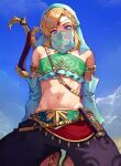  1boy arabian_clothes armlet blonde_hair blue_eyes bow_(weapon) circlet crossdressinging detached_sleeves gerudo_set_(zelda) halterneck harem_pants highres link monza_(saeumon) mouth_veil navel official_alternate_costume otoko_no_ko pants sheikah_slate solo stomach sword sword_behind_back the_legend_of_zelda the_legend_of_zelda:_breath_of_the_wild toned toned_male veil weapon weapon_on_back 