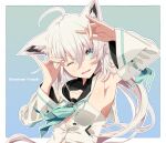  1girl ahoge animal_ears armpits braid eyebrows_visible_through_hair fox_ears fox_girl fox_tail hair_between_eyes hololive long_hair looking_at_viewer one_eye_closed shirakami_fubuki tail tsukumo virtual_youtuber white_hair 