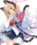  1girl animal_ears blonde_hair blue_archive blush cat_ear_headphones cat_ears hair_ribbon halo headphones highres jacket long_sleeves looking_at_viewer momoi_(blue_archive) open_mouth red_eyes ribbon ruwo_benzen school_uniform short_hair sidelocks simple_background solo thigh-highs twintails white_background 