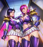  2girls badcompzero black_hair blue_eyes breasts caitlyn_(league_of_legends) commentary english_text fingerless_gloves gloves goggles goggles_on_head large_breasts league_of_legends lips looking_at_viewer looking_down multicolored_hair multiple_girls nail_polish panties pink_hair red_panties school_uniform skindentation thick_thighs thighs two-tone_hair undercut underwear vi_(league_of_legends) 