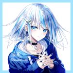  1girl artist_name black_neckwear black_shirt blue_eyes blue_hoodie blue_nails cross cross_earrings earrings hair_ornament hood hoodie jewelry kanji kazunehaka light_smile looking_at_viewer original shirt short_hair straight_hair upper_body white_background white_hair 