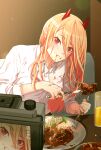  +_+ 1girl :t blonde_hair blush breasts broccoli camera chainsaw_man clenched_hand closed_mouth collared_shirt commentary cup day demon_horns drink eating eyebrows_visible_through_hair eyelashes food food_on_clothes food_on_face fork hair_between_eyes highres holding holding_fork holding_knife horns indoors knife light_particles long_hair looking_at_viewer medium_breasts messy nukisabi pasta plate power_(chainsaw_man) raised_eyebrow recording red_eyes shirt solo spaghetti stain stained_clothes steak straight_hair sunlight upper_body white_shirt wing_collar 