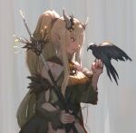  1girl arknights bird bird_on_hand black_eyes black_swimsuit breasts chilakkk commentary cowboy_shot crop_top crop_top_overhang crow demon_horns detached_sleeves eyebrows_visible_through_hair eyelashes feather_trim hair_between_eyes highres holding holding_staff horns lips long_hair medium_breasts official_alternate_costume parted_lips pointy_ears see-through shining_(arknights) shining_(silent_night)_(arknights) signature silver_hair smile solo staff swimsuit very_long_hair 