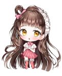  1girl :o absurdly_long_hair auro_drm bang_dream! bangs blunt_bangs blush bow brown_hair character_request chibi eyebrows_visible_through_hair frilled_legwear full_body hair_bow hair_rings headdress highres long_hair looking_at_viewer one_side_up parted_lips pink_bow pink_legwear pink_skirt pleated_skirt puffy_short_sleeves puffy_sleeves shirt short_sleeves skirt solo standing thigh-highs very_long_hair white_background white_shirt yellow_eyes 