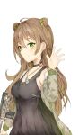  1girl black_choker black_shirt blush bow breasts camouflage camouflage_jacket choker closed_mouth clov3r double_bun eyebrows_visible_through_hair girls_frontline green_bow green_eyes hair_bow hand_up highres holding holding_weapon jacket light_brown_hair long_hair looking_at_viewer medium_breasts open_clothes open_jacket rfb_(girls_frontline) shirt smile solo standing weapon white_background 