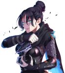  1girl absurdres apex_legends black_bodysuit black_hair black_scarf blue_eyes bodysuit breasts confetto eyebrows_visible_through_hair glowing glowing_eyes hair_behind_ear hair_bun highres holding holding_knife knife kunai looking_at_viewer medium_breasts open_hand open_mouth scarf smirk solo upper_body weapon wraith_(apex_legends) 