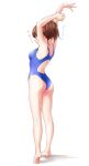  1girl absurdres arms_behind_head barefoot blue_swimsuit brown_eyes closed_eyes commentary_request competition_swimsuit from_behind full_body highres macosee one-piece_swimsuit original ponytail short_hair simple_background solo standing stretch swimsuit white_background 