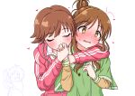  3girls :3 blush brown_hair chibi chibi_inset closed_eyes doumyouji_karin hair_bun hand_kiss heart highres honda_mio hug hug_from_behind idolmaster idolmaster_cinderella_girls jacket kiss long_hair multiple_girls phone short_hair sweatdrop takamori_aiko track_jacket upper_body yuri yushii 