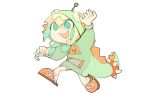  1girl :d amano_pikamee blonde_hair claw_pose commentary_request dinosaur_hood full_body green_eyes green_hair green_nails highres hood hoodie jacket multicolored_hair nail_polish official_alternate_costume open_mouth sharp_teeth simple_background slippers smile solo teeth temmie_chang two-tone_hair virtual_youtuber voms white_background 