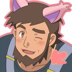  1boy ;d beard blush brown_eyes brown_hair cat_day commentary_request cosplay facial_hair grey_background looking_at_viewer male_focus meyer_(pokemon) one_eye_closed open_mouth outline pokemon pokemon_(anime) pokemon_ears pokemon_xy_(anime) shigure_(ojshigu) shirt short_hair skitty skitty_(cosplay) smile solo suspenders tongue upper_body 