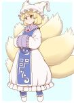  1girl bangs blonde_hair blue_background closed_mouth dress eyebrows_visible_through_hair fox_tail full_body hands_together hat long_sleeves multiple_tails pillow_hat poronegi short_hair simple_background solo standing tabard tail touhou white_dress white_footwear white_headwear yakumo_ran yellow_eyes 