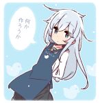  1girl anchor_symbol apron arms_behind_back black_sailor_collar black_skirt blue_apron blue_eyes blush closed_mouth clothes_writing eyebrows_visible_through_hair hair_between_eyes hibiki_(kancolle) kantai_collection long_hair long_sleeves pleated_skirt sailor_collar school_uniform serafuku silver_hair skirt solo speech_bubble translated yoru_nai 