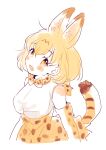 1girl animal_ear_fluff animal_ears bare_shoulders blonde_hair blush bow bowtie elbow_gloves extra_ears eyebrows_visible_through_hair gloves hanako151 head_tilt high-waist_skirt kemono_friends looking_at_viewer open_mouth serval_(kemono_friends) serval_ears serval_print serval_tail shirt short_hair skirt sleeveless sleeveless_shirt smile solo striped_tail tail upper_body white_background white_shirt yellow_eyes 