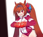 1girl animal_ears bangs blush boxing_gloves breasts brown_hair buruma chan_co daiwa_scarlet fang hair_intakes highres horse_ears horse_girl horse_tail jacket large_breasts long_hair long_sleeves open_mouth red_buruma red_eyes red_jacket simple_background tail tiara tomboy track_jacket twintails umamusume very_long_hair