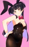  1girl alternate_costume animal_ears bangs black_hair black_legwear black_leotard bow bowtie breasts brown_eyes covered_navel detached_collar fake_animal_ears fishnet_legwear fishnets hand_on_hip highres idolmaster idolmaster_shiny_colors leotard long_hair looking_at_viewer mayuzumi_fuyuko medium_breasts pantyhose pink_background playboy_bunny rabbit_ears red_neckwear simple_background smile solo strapless strapless_leotard two_side_up usadaex wing_collar wrist_cuffs 