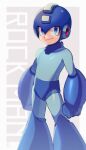  1boy absurdres android arms_at_sides artist_name blue_bodysuit blue_eyes blue_headwear bodysuit border character_name closed_mouth commentary_request copyright_name dated grey_background helmet highres male_focus outside_border rockman rockman_(character) rockman_(classic) simple_background smile solo standing twitter_username white_border zero-go 