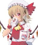  1girl absurdres ascot bangs blush bow brown_hair clip_studio_paint_(medium) commentary_request covered_mouth crystal cup drinking eudetenis eyebrows_behind_hair flandre_scarlet giving hair_between_eyes hat highres holding holding_cup incoming_drink long_hair looking_at_viewer mob_cap mug puffy_short_sleeves puffy_sleeves red_bow red_eyes red_skirt red_vest remilia_scarlet shirt short_sleeves simple_background skirt skirt_set solo touhou twitter_username vest white_background white_headwear white_shirt wings wrist_cuffs yellow_neckwear 