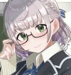  1girl adjusting_eyewear bangs black-framed_eyewear blazer blunt_bangs blush breasts closed_mouth eyebrows_visible_through_hair glasses green_eyes grey_hair head_tilt highres hololive jacket large_breasts lips long_sleeves looking_at_viewer school_uniform semi-rimless_eyewear shirogane_noel short_hair smile smug solo tatedano_kabae under-rim_eyewear uniform upper_body virtual_youtuber 