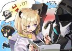  1other 2girls ambiguous_gender animal_ear_fluff animal_ears arknights bangs bikini black_hair black_jacket black_nails blush cat_ears collarbone doctor_(arknights) eunectes_(arknights) eyebrows_visible_through_hair gloves goggles goggles_on_head grey_shirt holding holding_magazine holding_wrench hood hood_up hooded_jacket jacket lancet-2_(arknights) long_sleeves magazine mitake_eil multiple_girls open_mouth platinum_blonde_hair pointy_ears red_bikini robot shirt short_hair smile sweatdrop swimsuit tools translation_request upper_body utage_(arknights) violet_eyes white_gloves white_jacket wrench 