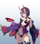  1girl absurdres ar_(3779609928) bob_cut breasts cup eyeliner fate/grand_order fate_(series) headpiece highres horns japanese_clothes kimono makeup navel oni oni_horns open_clothes open_kimono purple_hair purple_kimono revealing_clothes sakazuki short_eyebrows short_hair shuten_douji_(fate) skin-covered_horns small_breasts solo violet_eyes 