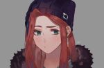  1girl :o apex_legends aqua_eyes beanie blush earrings fur_trim grey_background hair_behind_ear hat iyo_(nanaka-0521) jewelry looking_to_the_side mila_alexander mole_above_eye multicolored_hair orange_hair orange_headwear purple_hair solo streaked_hair upper_body 