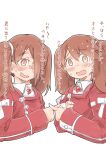  2girls blush brown_eyes brown_hair collared_shirt commentary_request enjaku_izuku fang hair_over_one_eye highres kantai_collection long_sleeves multiple_girls red_shirt ryuujou_(kancolle) scar scar_across_eye scar_on_face shirt short_hair simple_background translation_request twintails white_background white_shirt 