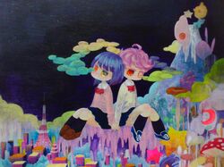  2girls abstract acrylic_paint_(medium) bangs black_legwear black_skirt black_sky blue_footwear blue_hair bow bowtie brown_footwear highres long_sleeves mountain multiple_girls mushroom onakayowasugiwarota original outdoors pink_hair red_eyes red_neckwear skirt socks surreal traditional_media 