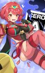  1girl ^^^ armor ass bangs black_gloves blue_sky blurry blurry_foreground blush bodysuit breasts cero chest_jewel clenched_hand clouds commentary_request covered_navel day earrings eyebrows_visible_through_hair fingerless_gloves floating gen_1_pokemon gloves hair_between_eyes hand_up headpiece highres jewelry katwo large_breasts open_mouth pikachu pokemon pokemon_(creature) pyra_(xenoblade) rating red_armor red_eyes red_legwear red_shorts redhead short_hair short_shorts shorts shoulder_armor side_cutout sidelocks skindentation sky solo_focus super_smash_bros. sweat swept_bangs thigh_strap tiara torn_clothes torn_legwear xenoblade_chronicles_(series) 