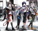  4girls absurdres bag bangs black_hair black_jacket black_pants black_shirt black_skirt blue_eyes bronya_zaychik casual choker crosswalk cup drinking earrings faaallen fu_hua grey_eyes grey_hair hair_between_eyes highres holding holding_cup honkai_(series) honkai_impact_3rd hood hoodie huge_filesize jacket jewelry kiana_kaslana long_hair multiple_girls off_shoulder outdoors pants raiden_mei shirt shoes shoulder_bag silver_hair skirt socks standing t-shirt toeless_footwear violet_eyes white_hoodie white_jacket white_shirt 