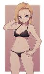  1girl android_18 black_bra black_panties blonde_hair blue_eyes bra breasts commentary_request dragon_ball dragon_ball_z earrings hand_on_hip highres jewelry lamb-oic029 looking_at_viewer medium_breasts navel panties short_hair solo underwear underwear_only 