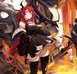  1girl absurdres arknights demon demon_girl demon_horns dress gnai highres holding holding_weapon horns jacket long_hair looking_at_viewer redhead slit_pupils solo surtr_(arknights) sword violet_eyes weapon 