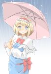  1girl alice_margatroid arnest bangs blonde_hair blue_dress blue_eyes blush bow bowtie capelet collared_shirt dress eyebrows_visible_through_hair gradient gradient_background hairband holding holding_umbrella lolita_hairband long_sleeves looking_up parted_lips pink_umbrella rain red_bow red_neckwear red_sash sash shirt short_hair touhou umbrella white_capelet white_shirt 