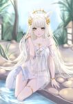  1girl absurdres animal_ears arknights bandeau bangs bare_arms bare_shoulders bikini criss-cross_halter det_baimao halterneck hand_up highres laurel_crown long_hair looking_at_viewer parted_lips platinum_(arknights) platinum_(shimmering_dew)_(arknights) see-through silver_hair sitting soaking_feet solo swimsuit thighlet thighs very_long_hair water white_bikini yellow_eyes 