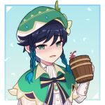  1boy alcohol androgynous bangs beer_mug beret black_hair blue_hair blush bow braid brooch cape collared_cape collared_shirt cup eyebrows_visible_through_hair flower gem genshin_impact gradient_hair green_eyes green_headwear hair_ornament hat hat_flower holding holding_cup jewelry kotokotor1 leaf long_sleeves looking_at_viewer male_focus mug multicolored_hair open_mouth shirt short_hair_with_long_locks simple_background solo twin_braids venti_(genshin_impact) white_flower white_shirt wine 