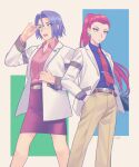  1boy 1girl bangs blue_eyes buttons collared_shirt commentary_request crossdressinging earrings eyelashes glasses green_eyes hand_in_pocket highres jacket james_(pokemon) jessie_(pokemon) jewelry lipstick long_hair long_sleeves makeup necktie open_clothes open_jacket pants parted_lips pink_shirt pokemon pokemon_(anime) purple_hair purple_shirt purple_skirt ruru_(gi_xxy) shirt skirt tablet_pc team_rocket white_jacket 