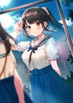  1girl adjusting_hair bangs blue_neckwear blue_ribbon blue_skirt blunt_bangs blush brown_eyes brown_hair closed_mouth clouds collared_shirt highres long_hair long_skirt looking_at_viewer neck_ribbon nishizawa original ponytail reflection ribbon scrunchie shirt short_sleeves skirt sky solo standing tree white_shirt window 