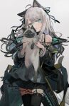  1girl :t ahoge animal animal_ears arknights bare_shoulders black_choker black_coat black_hair black_legwear black_ribbon blush cat cat_ears cat_girl cat_tail choker closed_mouth clothes_writing coat commentary_request dress elite_ii_(arknights) gradient_hair grey_background grey_dress hair_ribbon head_tilt holding holding_animal holding_cat layered_dress long_hair long_sleeves looking_at_viewer mint_(arknights) multicolored_hair nuudoru off_shoulder open_clothes open_coat ribbon silver_hair simple_background slit_pupils smile solo tail thigh-highs white_background zettai_ryouiki 