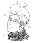  1boy close-up creature face glasses greyscale harada_(basashi) looking_up male_focus monochrome on_head shiro_(tokyo_houkago_summoners) short_hair sideburns smile solo tokyo_houkago_summoners 