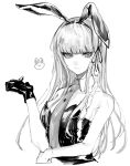  1girl animal_ears bangs bare_arms bare_shoulders blunt_bangs braid breasts closed_mouth commentary_request dangan_ronpa:_trigger_happy_havoc dangan_ronpa_(series) eyebrows_visible_through_hair gloves greyscale hair_ribbon hand_up highres kirigiri_kyouko long_hair looking_at_viewer monochrome necktie playboy_bunny rabbit_ears ribbon simple_background solo suzumetarou upper_body white_background 