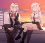  2girls absurdres ak-12_(girls_frontline) an-94_(girls_frontline) bag bandages bandaid bandaid_on_face bandaid_on_leg black_footwear black_jacket black_legwear black_nails black_neckwear black_ribbon black_skirt blazer bow bowtie braid brown_footwear can cardigan closed_eyes closed_mouth collared_shirt colorized crossed_ankles crossed_arms dr_pepper dress_shirt eyebrows_visible_through_hair french_braid girls_frontline grey_cardigan grey_skirt hair_ornament hair_ribbon hairband highres jacket kneehighs ladder lens_flare loafers long_hair long_sleeves looking_at_another miniskirt multiple_girls narynn necktie orange_sky pantyhose pleated_skirt ponytail red_bow red_neckwear ribbon rooftop school_bag school_uniform shirt shoes sidelocks silver_hair sitting skirt sky sleeves_folded_up smile soda_can stairs sunset thighband_pantyhose thighs twitter_username very_long_hair white_shirt 