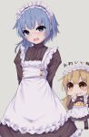  2girls alternate_costume apron asymmetrical_hair black_dress blonde_hair blue_eyes blue_hair commentary_request cowboy_shot dress eating embarrassed enmaided food frilled_apron frills highres kantai_collection logiclr long_hair maid maid_headdress minazuki_(kancolle) multiple_girls omurice satsuki_(kancolle) short_hair short_hair_with_long_locks solo_focus twintails white_apron yellow_eyes 