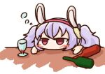  1girl aka_shiba animal_ears azur_lane blush bottle commentary_request drunk face fake_animal_ears glass_bottle hairband head_on_table laffey_(azur_lane) long_hair looking_ahead lowres no_mouth no_nose purple_hair rabbit_ears red_eyes solo twintails 